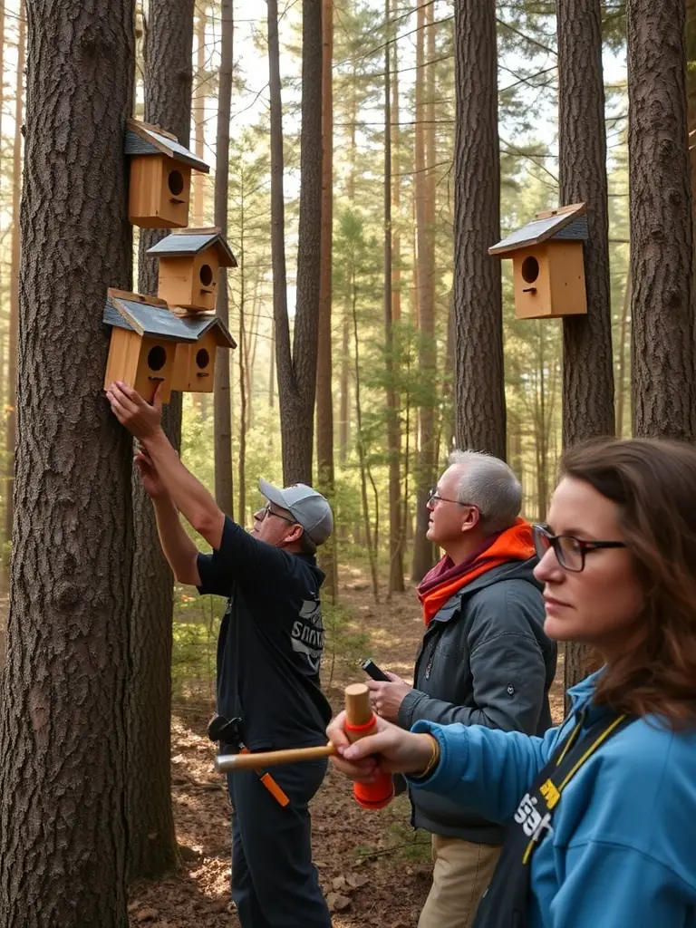 A photograph showing members of the organization constructing birdhouses and feeders in a forest, highlighting habitat improvement initiatives.