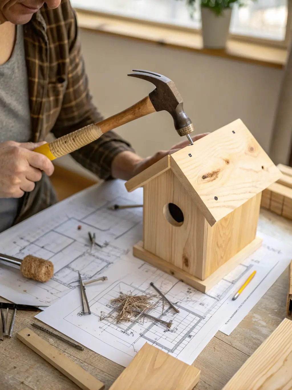 A high-quality image showing members of SOCIETE COMMUNALE DE CHASSE DE BERRY-BOUY constructing birdhouses in a local forest, emphasizing habitat improvement.