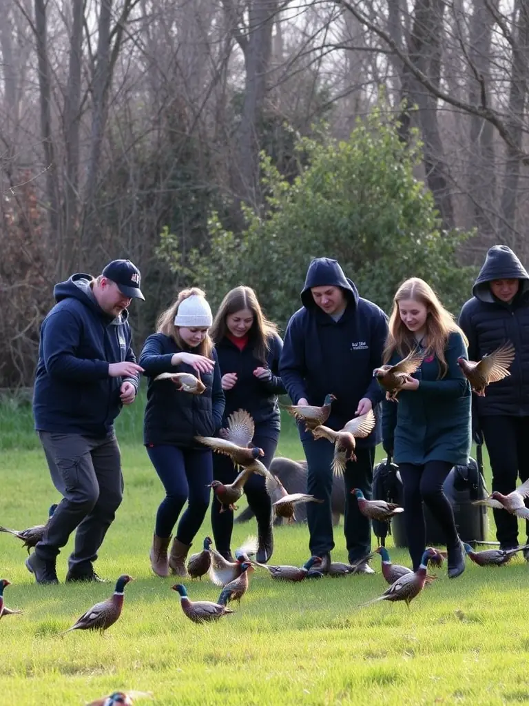 A photograph depicting a group of volunteers releasing pheasants into a managed habitat, showcasing the organization's game restocking efforts.