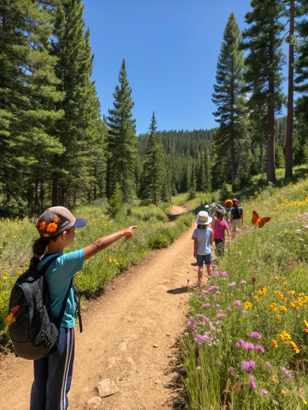 A photograph of a group of children participating in a guided nature walk, emphasizing the organization's educational outreach efforts.