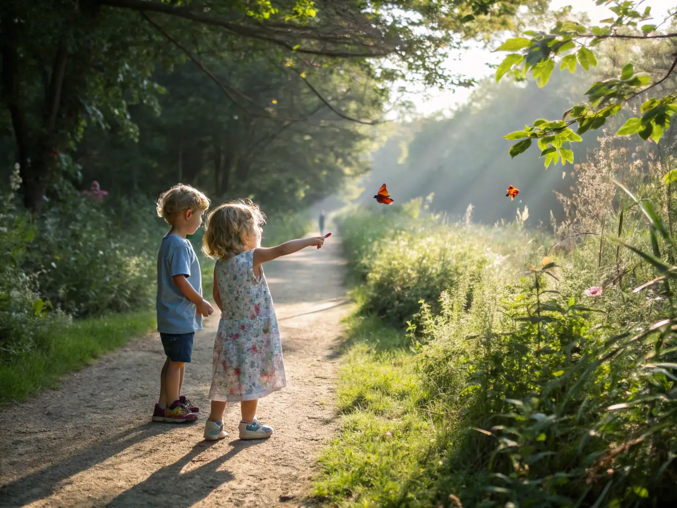 A group of children participating in a nature walk, learning about local flora and fauna from a SOCIETE COMMUNALE DE CHASSE DE BERRY-BOUY guide.