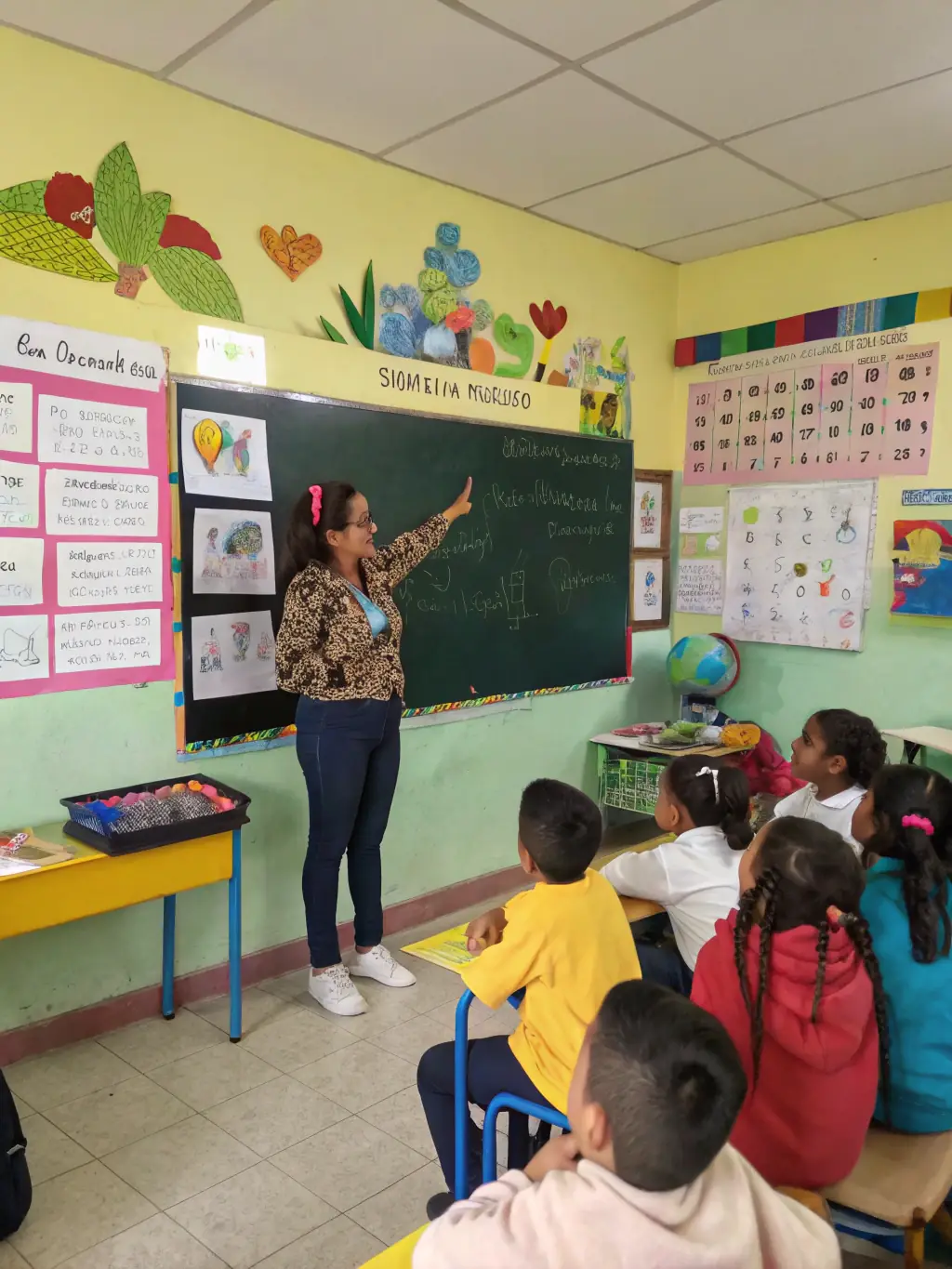 A photograph of a SOCIETE COMMUNALE DE CHASSE DE BERRY-BOUY member educating children about local wildlife and conservation in a classroom setting.
